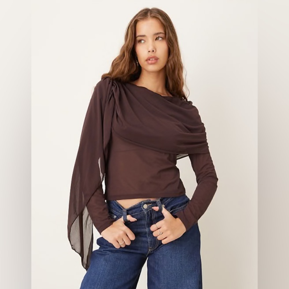 Gina Tricot long sleeve shawl drapey cape top in dark brown